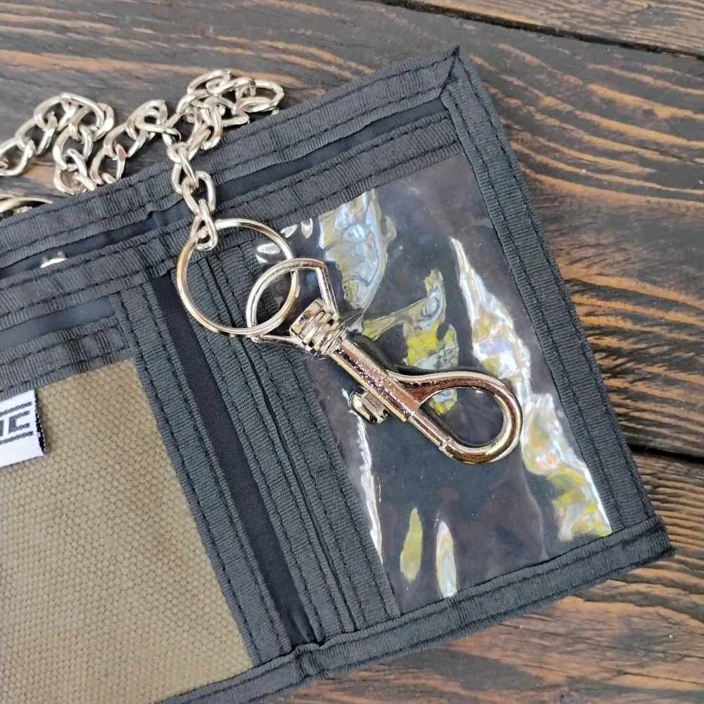 THC Khaki HASH Hook and Loop Embroidered Fabric TriFold Wallet With Chain